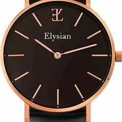 Beste deal ❤️ Elysian - Dames Horloge - Rose Goud Zwart Leer - Waterdicht - 36mm 😉