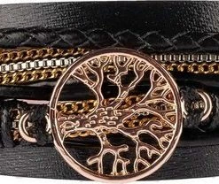 Flash-uitverkoop ✨ Armband Dames Rosegoud- Leren Wikkelarmband Galeara Design Rosekleurig Zwart Dames Levensboom 19,5cm - Galeara Design 🥰