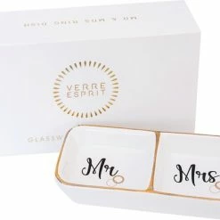 Beste Pirce β€οΈ Verre Esprit Mr En Mrs Sieradenhouder – 11.5 X 5.5 Cm – Keramische Dubbele Ringhouder - Inclusief Geschenkdoos π