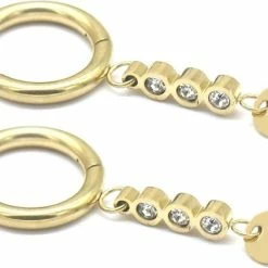 Hete verkoop 👏 Dielay - Oorringen Met Steentjes En Munt - RVS Oorhangers - Ø Ring 15 Mm - Hanger 20 Mm - Goudkleurig 😉