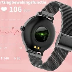 Nieuw 🎉 Belesy® CHARMING - Smartwatch Dames - Horloge - 1.3 Inch - Kleurenscherm - Stappenteller - Bloeddruk - Hartslag - Maak Je Eigen ⌚ Watchfaces - Staal – Zwart 🛒 -Sieraden-horloges Winkel 550x478