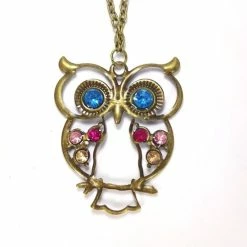 Promo 💯 NiSy.nl Vintage Ketting Met Uil | Vogel Met Gekleurde Steentjes | Retro Bronskleurig ⭐