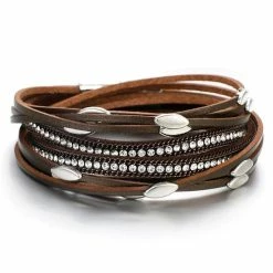 Groothandel ✔️ Amodi - Armband Dames - Leren Wikkelarmband - 18,5 Cm - Bergkristal - Bruin 🧨
