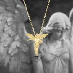 Promo 🤩 Senay Diamonds And Gold Fancy Ketting Engel, Neckless Angel (14 Karaat Goud) Tijdloos Spiritueel Collier Trendy Energetisch Minimalistisch Massief Goud Bedel Meisje | Cadeau Voor Vrouw 🌟
