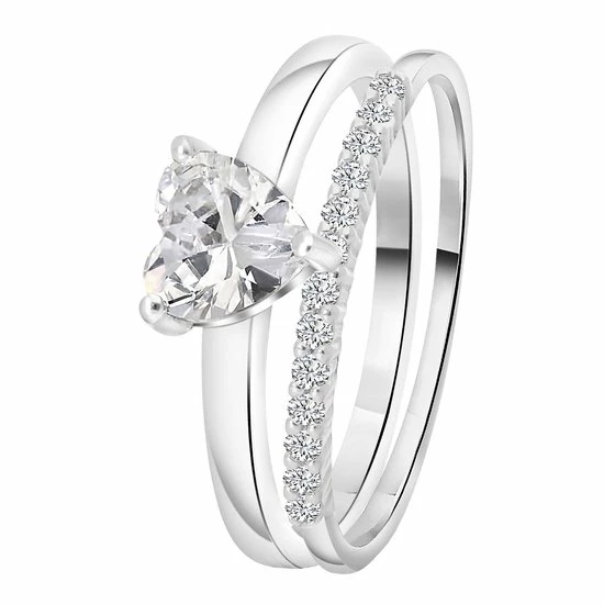Hete verkoop ❤️ Lucardi - Dames Dubbele Ring Met Zirkonia Hart - Ring - Cadeau - Echt Zilver - Zilverkleurig ✨ 3 Hete verkoop ❤️ Lucardi - Dames Dubbele Ring Met Zirkonia Hart - Ring - Cadeau - Echt Zilver - Zilverkleurig ✨