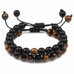 Coupon ⭐ Fako Bijoux® - Dubbele Kralen Armband - 8mm - Natuursteen Armband Koord - Tijgeroog & Zwart 😉