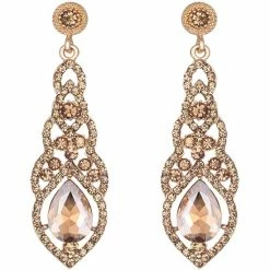 Aanbiedingen ⭐ Victorious Dames Oorbellen – Zirkonia Kristal Druppel Oorhangers – Roségoud/Champagne – 6cm 😍