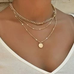Uitgang 🌟 Joboly Schakel Ketting Muntje Coin 3 Layer - Dames - Goudkleurig - 40 Cm + 5 Cm 🎁