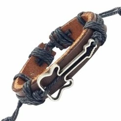 Flash-uitverkoop 👏 Rhylane – Armband Met Gitaar– Leder En Touw – 17.5 + 14 Cm - Zwart Met Bruin 🔥