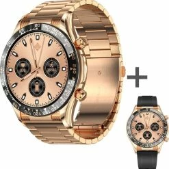Nieuw 🔔 LUXXOZ Smartwatch Heren - Rose Goud - Horloge Heren - Bloeddrukmeter - Stappenteller - Full HD Touchscreen - Android & IOS - 45mm - Gratis Extra Bandjes 🧨