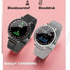Nieuw 🎉 Belesy® CHARMING - Smartwatch Dames - Horloge - 1.3 Inch - Kleurenscherm - Stappenteller - Bloeddruk - Hartslag - Maak Je Eigen ⌚ Watchfaces - Staal – Zwart 🛒 -Sieraden-horloges Winkel 550x641
