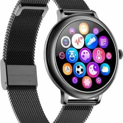 Nieuw 🎉 Belesy® CHARMING - Smartwatch Dames - Horloge - 1.3 Inch - Kleurenscherm - Stappenteller - Bloeddruk - Hartslag - Maak Je Eigen ⌚ Watchfaces - Staal – Zwart 🛒 -Sieraden-horloges Winkel 550x662