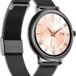 Nieuw 🎉 Belesy® CHARMING - Smartwatch Dames - Horloge - 1.3 Inch - Kleurenscherm - Stappenteller - Bloeddruk - Hartslag - Maak Je Eigen ⌚ Watchfaces - Staal – Zwart 🛒 -Sieraden-horloges Winkel 550x663 1