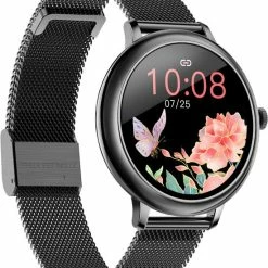 Nieuw 🎉 Belesy® CHARMING - Smartwatch Dames - Horloge - 1.3 Inch - Kleurenscherm - Stappenteller - Bloeddruk - Hartslag - Maak Je Eigen ⌚ Watchfaces - Staal – Zwart 🛒 -Sieraden-horloges Winkel 550x663 2