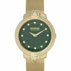 Begroting 🔔 Versus Versace Mouffetard Gold Green Swarovski - Dameshorloge - VSPLK1620 - Goud - Green - RVS Mesh Horlogeband - 38 MM ⌛