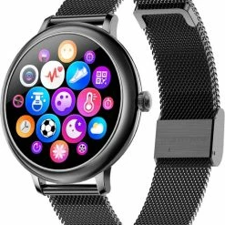 Nieuw 🎉 Belesy® CHARMING - Smartwatch Dames - Horloge - 1.3 Inch - Kleurenscherm - Stappenteller - Bloeddruk - Hartslag - Maak Je Eigen ⌚ Watchfaces - Staal – Zwart 🛒 -Sieraden-horloges Winkel 550x683 1