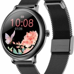 Nieuw 🎉 Belesy® CHARMING - Smartwatch Dames - Horloge - 1.3 Inch - Kleurenscherm - Stappenteller - Bloeddruk - Hartslag - Maak Je Eigen ⌚ Watchfaces - Staal – Zwart 🛒 -Sieraden-horloges Winkel 550x684 1