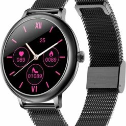 Nieuw 🎉 Belesy® CHARMING - Smartwatch Dames - Horloge - 1.3 Inch - Kleurenscherm - Stappenteller - Bloeddruk - Hartslag - Maak Je Eigen ⌚ Watchfaces - Staal – Zwart 🛒 -Sieraden-horloges Winkel 550x684 2